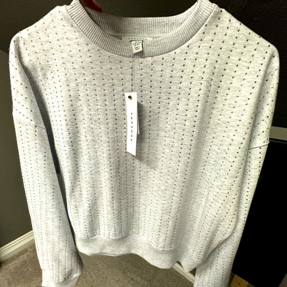 Top shop grey crew neck sweater with silver diamonds. NWT